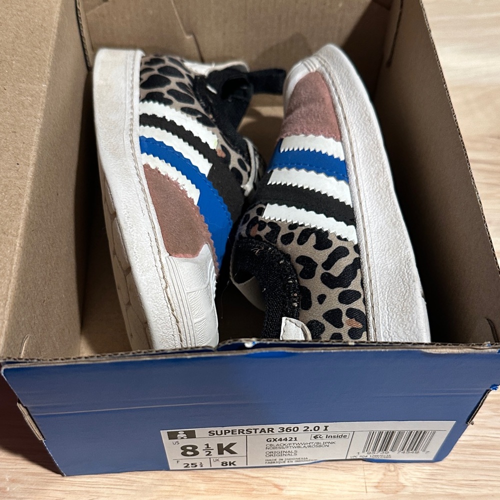 adidas Kids Leopard Print Sneakers with Blue and Black Stripes